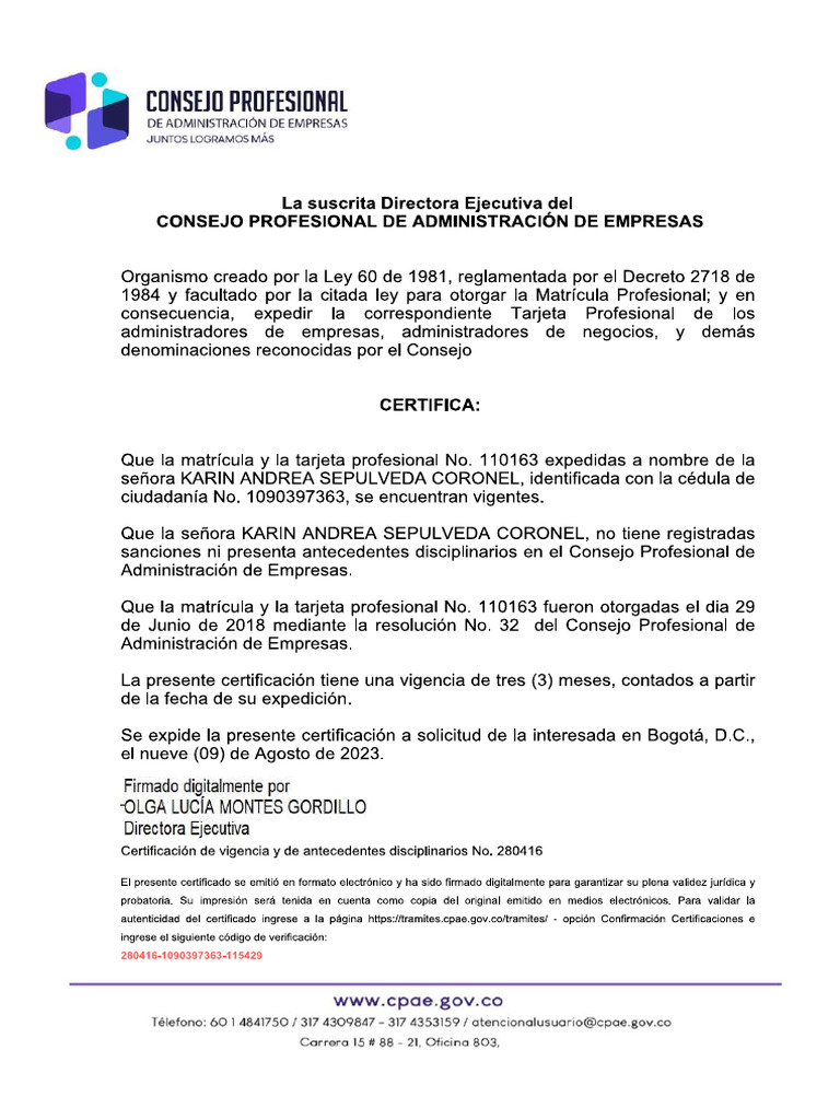 CERTIFICADO MATRICULA PROFESIONAL | PDF