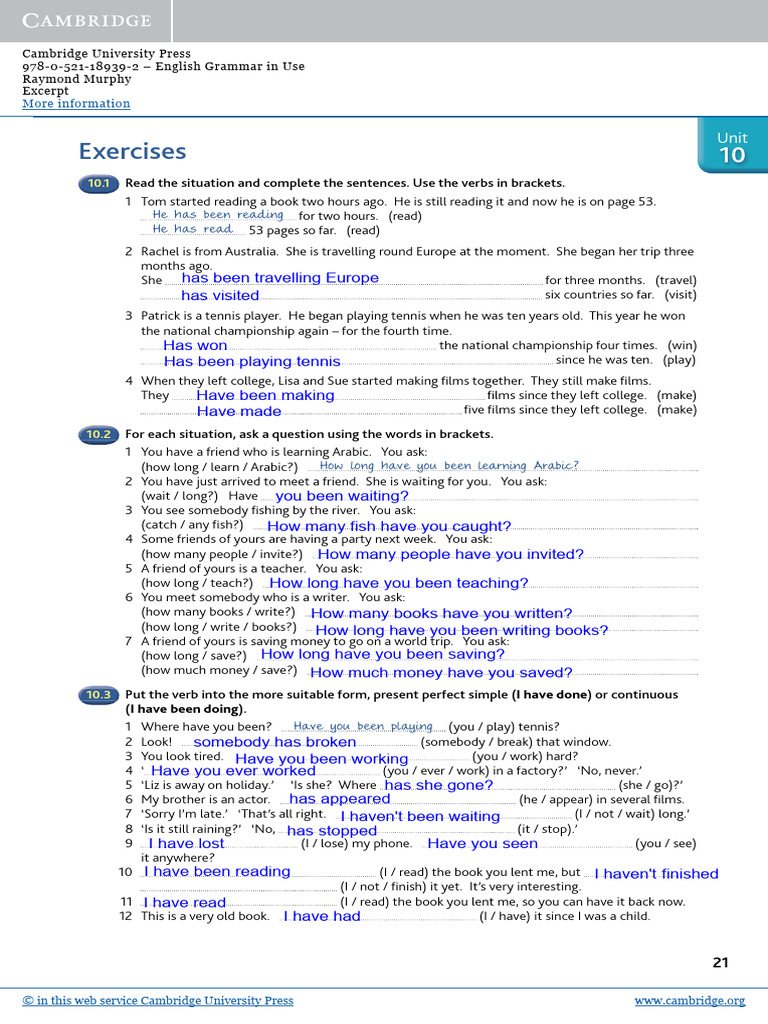 Present Perfect Continuous Exercises | PDF