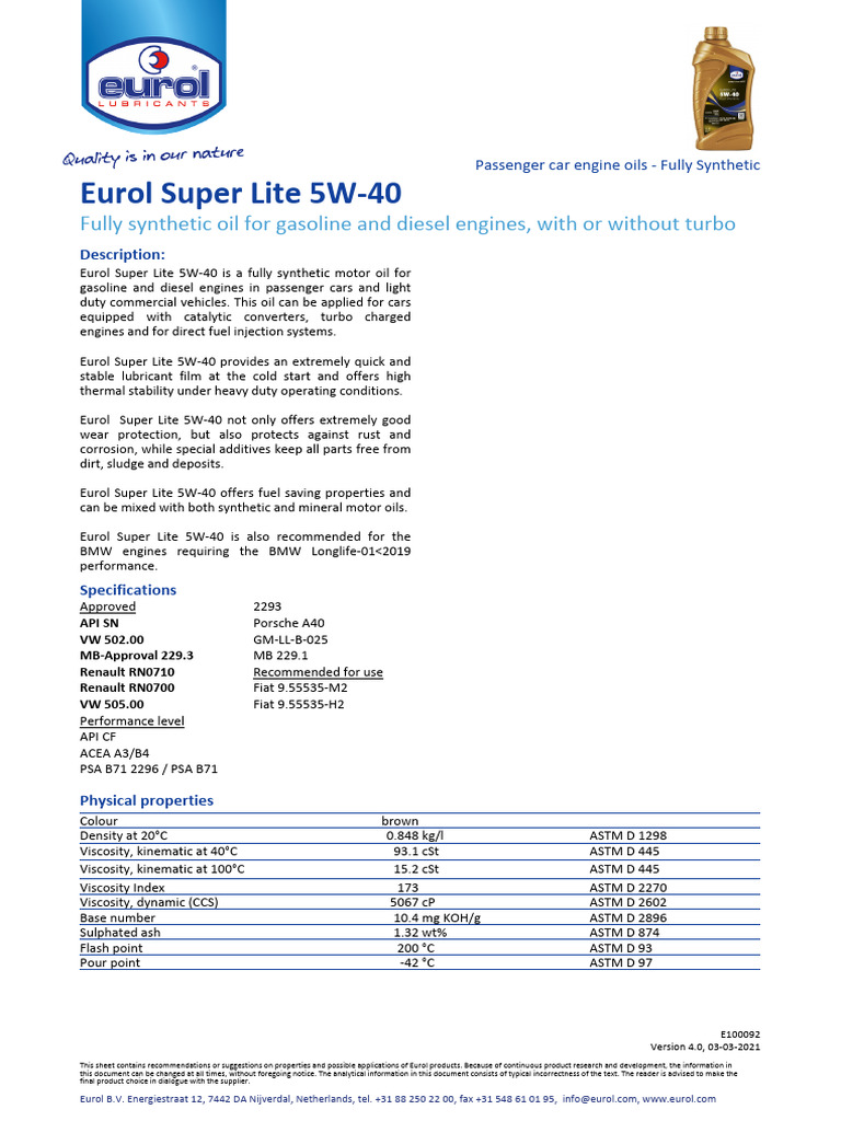 Eurol Super Lite 5W40 Full Synthetic | Download Free PDF | Motor Oil ...