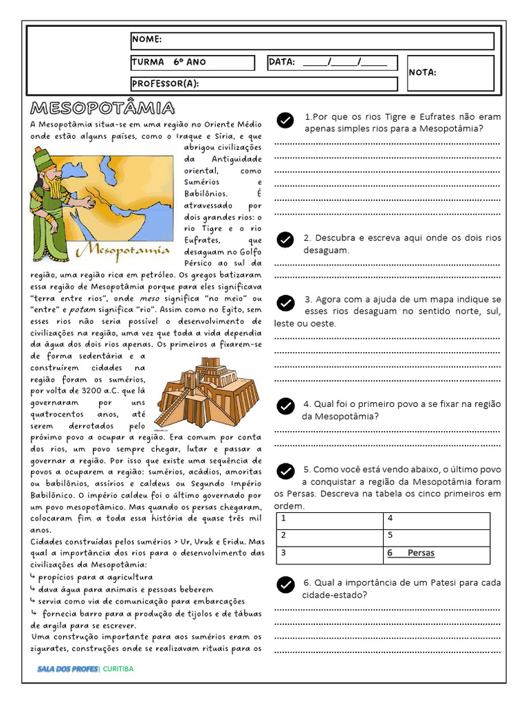Atividades sobre a Mesopotâmia - 6º Ano | PDF | Suméria | Mesopotâmia