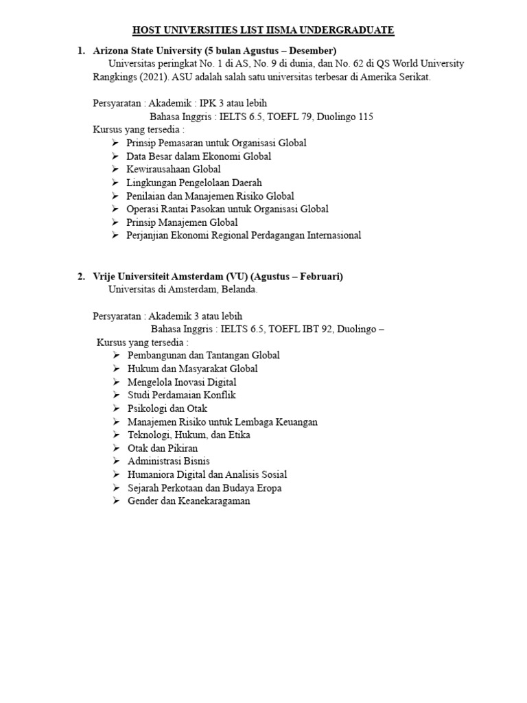 Host Universities List Iisma Undergraduate PDF