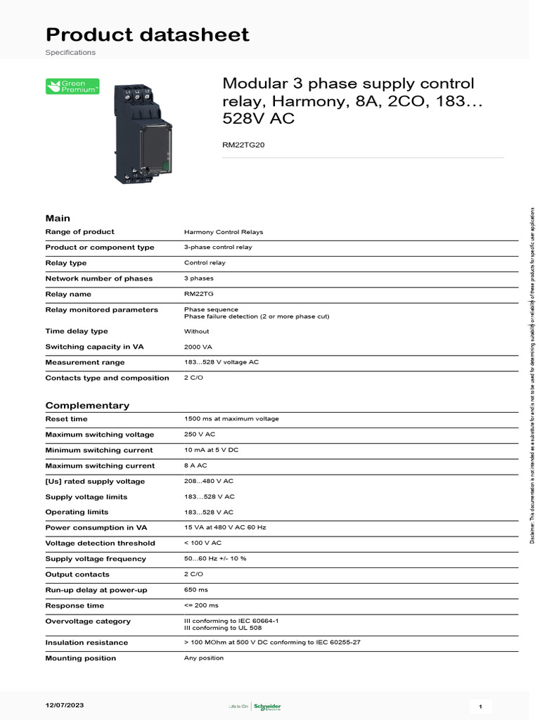 RM22TG20 Phase Monitoring Relay Datasheet | PDF | Relay | Alternating ...