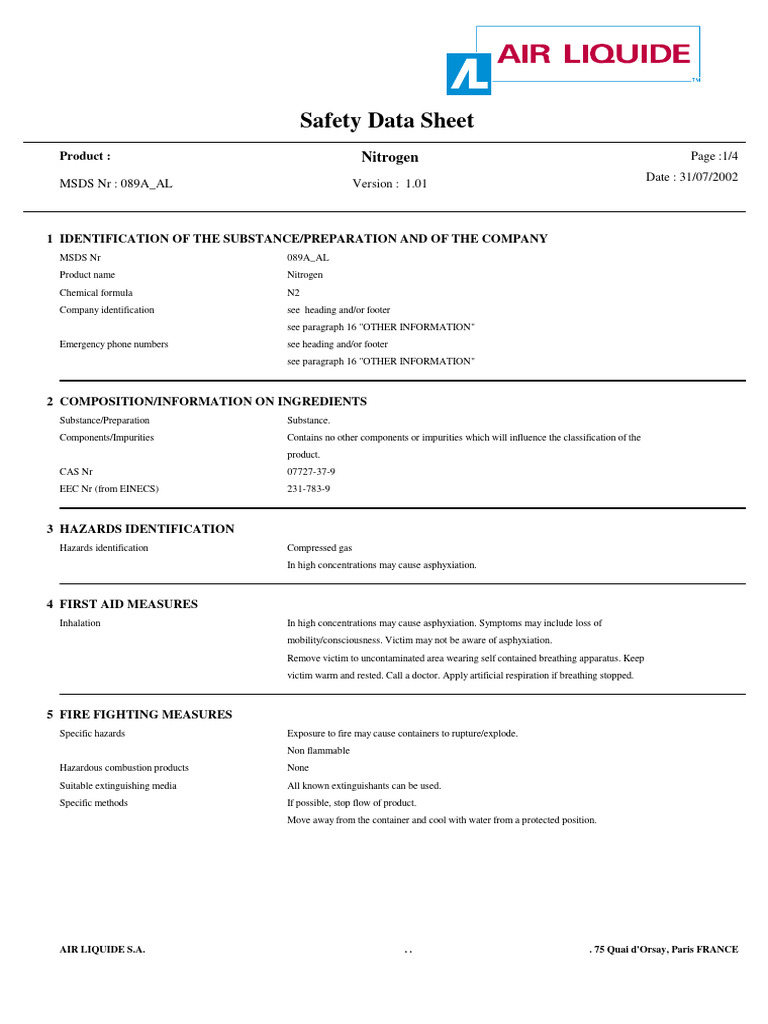 SDS Nitrogen PDF Nitrogen Gases