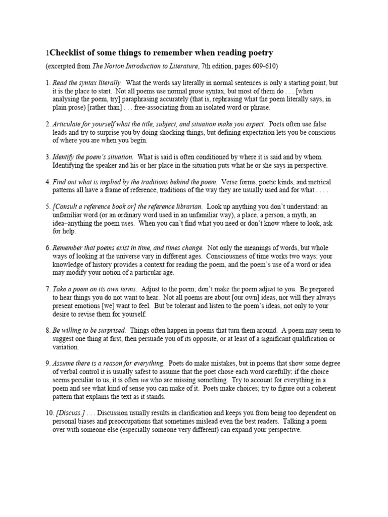 Poetry Reading Checklist Guide | PDF | Poetry | Cognitive Science