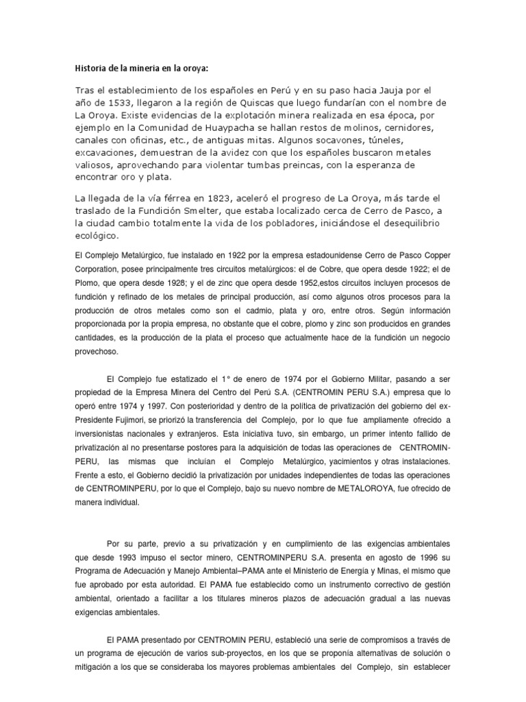 Historia de La Mineria en La Oroya | PDF | Minería | Perú