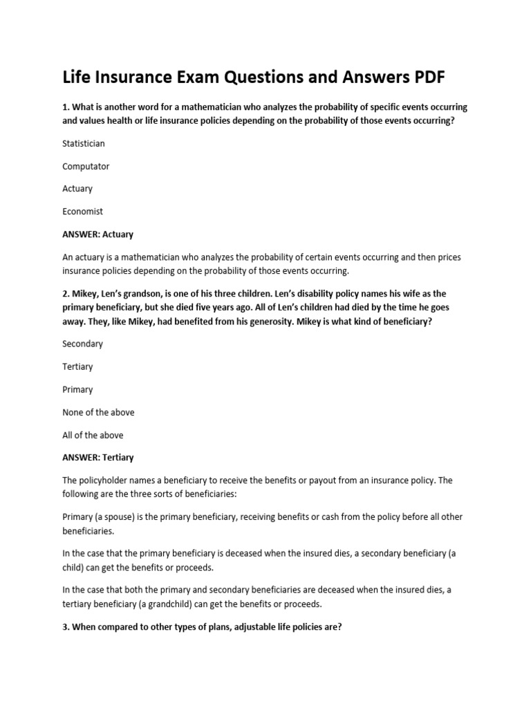 Life Insurance Exam Questions and Answers PDF | PDF | Consolidated Omnibus Budget Reconciliation ...