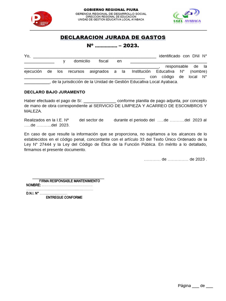 Declaracion Jurada de Gastos para Limpieza | PDF