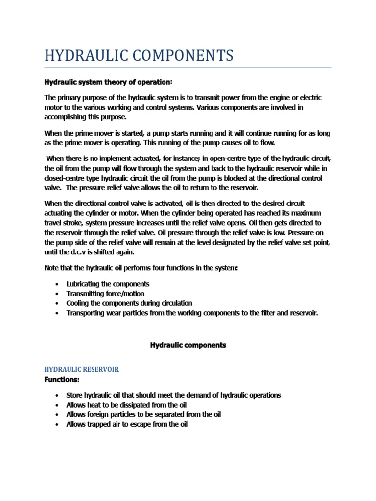 Hydraulic Components Notes PDF Valve Pump