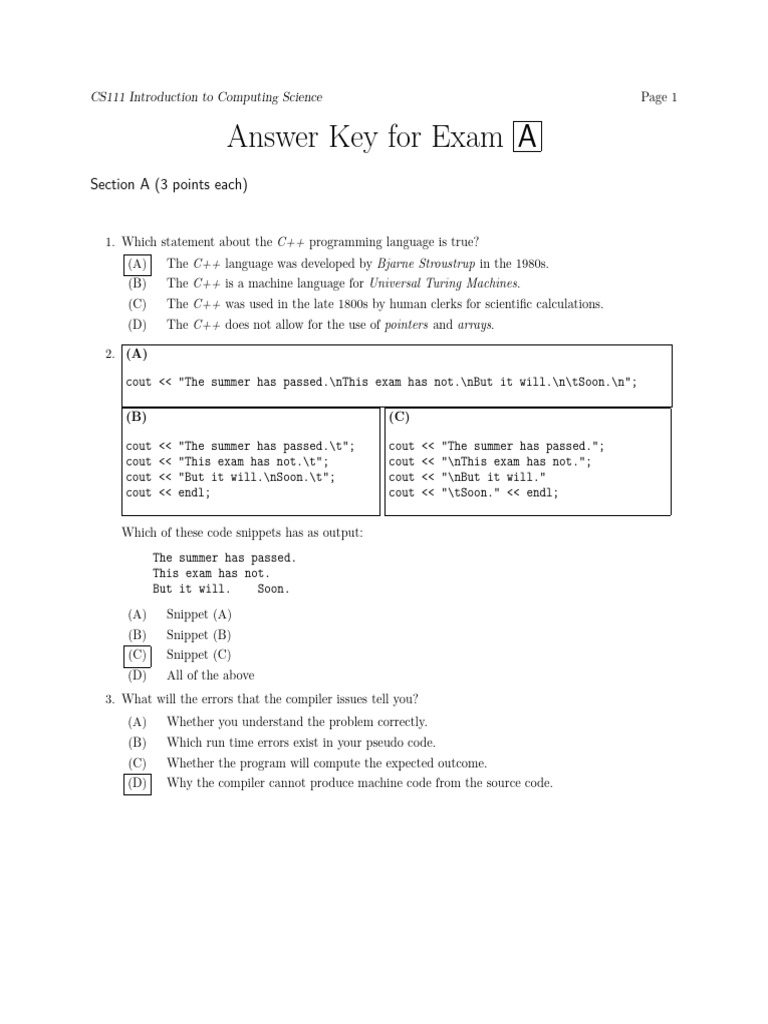 CS111 Exam A Answer Key | PDF | C++ | Parameter (Computer Programming)