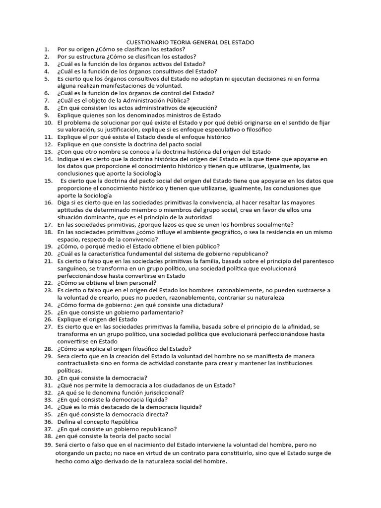 Cuestionario Examen Final Teoria General Del Estado Pdf Estado