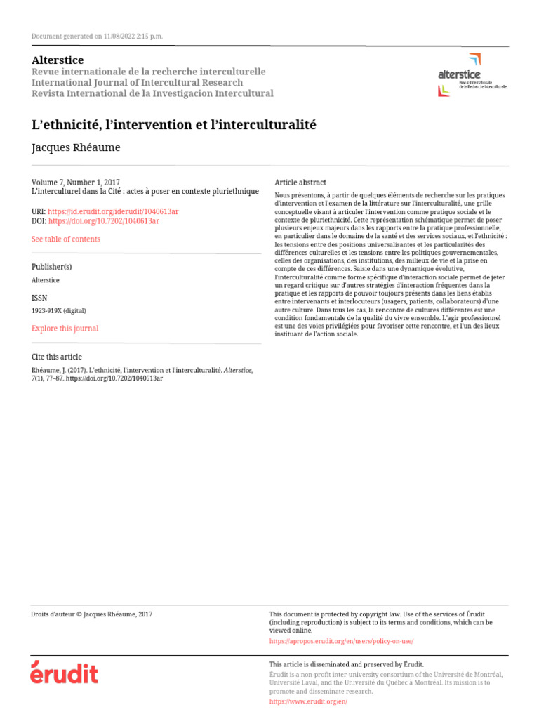 Jacques Rhéaume | PDF | Interculturalisme | Intégration (sociologie)