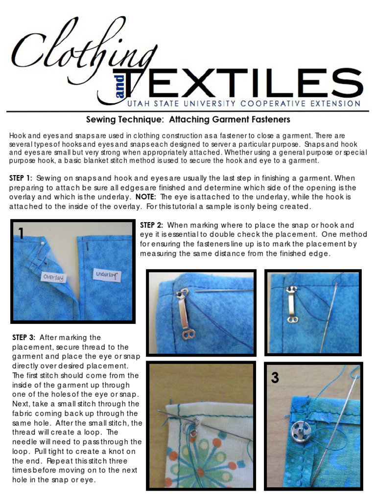 Sewing Technique Attaching Garment Fasteners PDF Surgical Suture Sewing