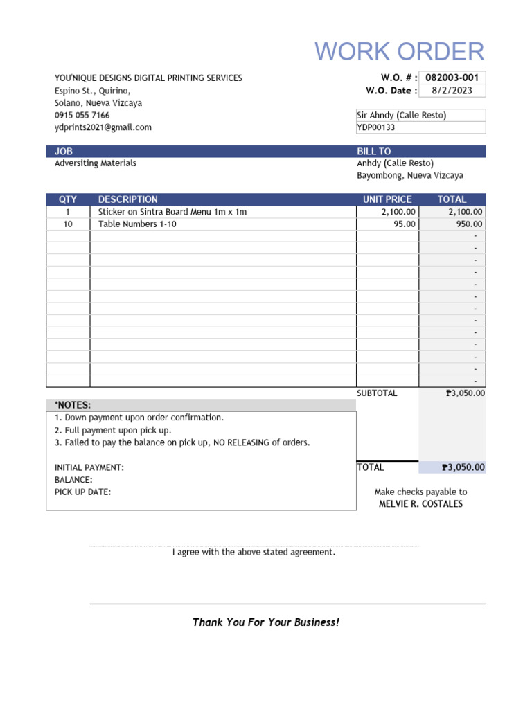 Work Order Template PDF