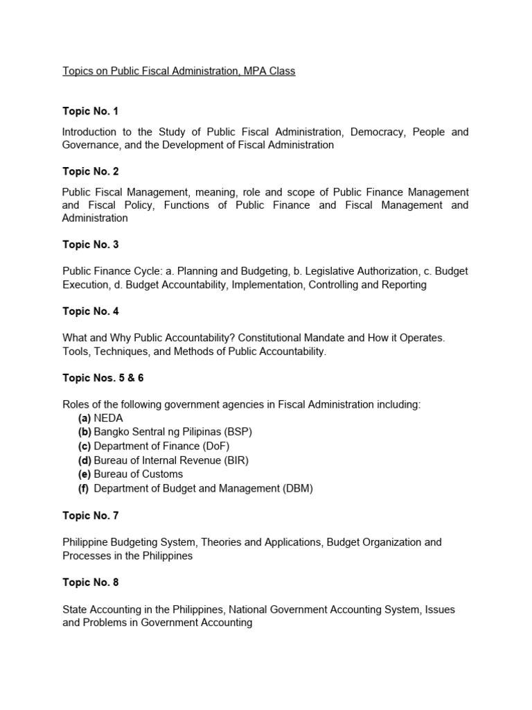 Public Fiscal Administration Topics Overview | PDF | Public Finance | Taxes