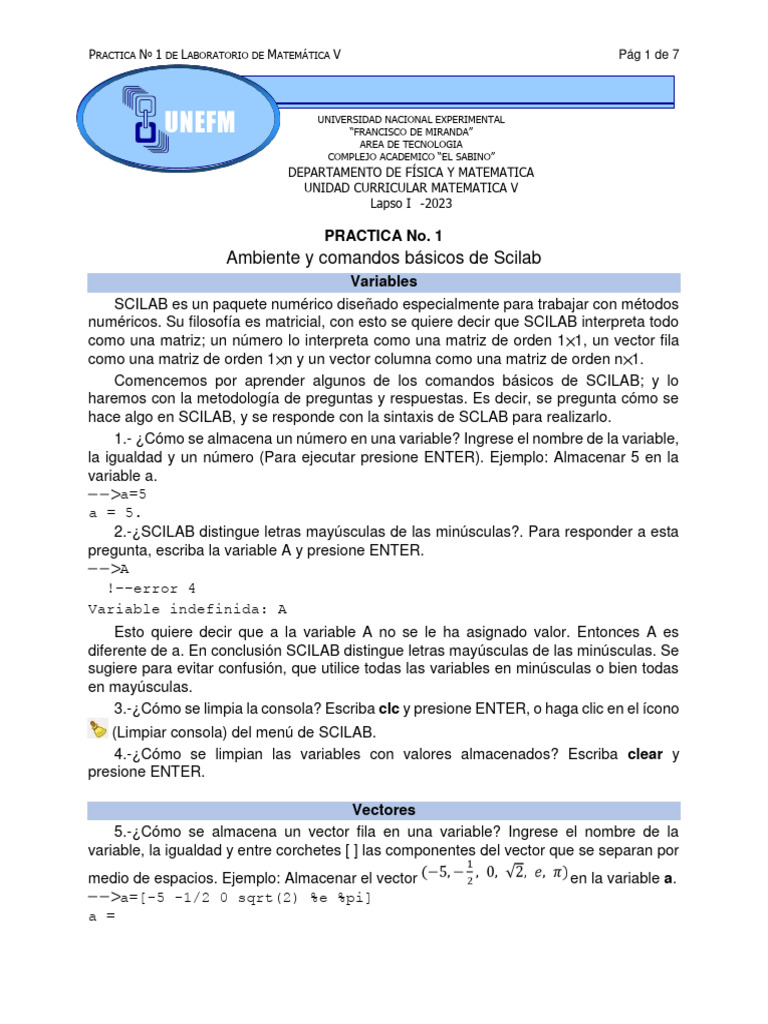Practica No. 1 (Ambiente y Comandos Basicos de Scilab) | PDF | Matriz ...