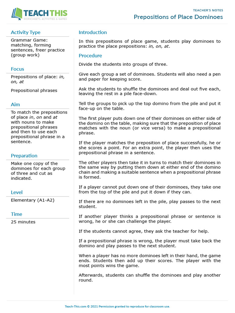 Prepositions of Place Dominoes Game | PDF | Preposition And ...