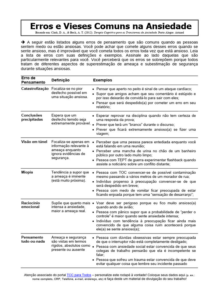 Erros de Pensamento na Ansiedade | PDF | Ansiedade | Pensamento