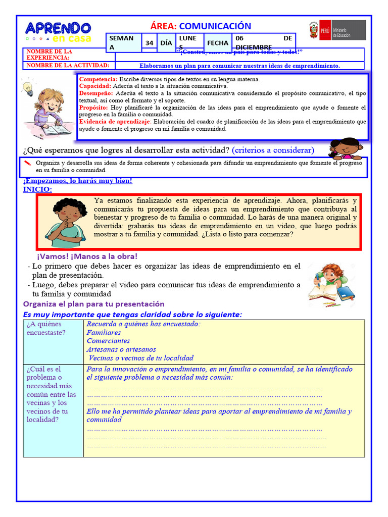 Ficha N°1 Semana 35 Lunes 06 de Diciembre Comunicacion | PDF ...