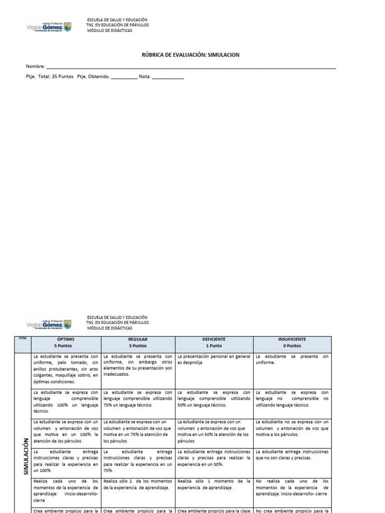 Rúbrica de Evaluación para Simulación | PDF | Aprendizaje ...