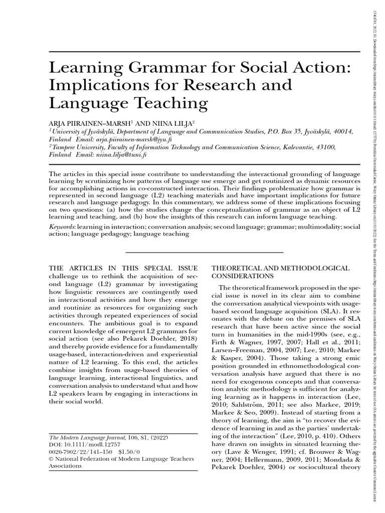 Rethinking L2 Grammar for Social Action | PDF | Second Language ...