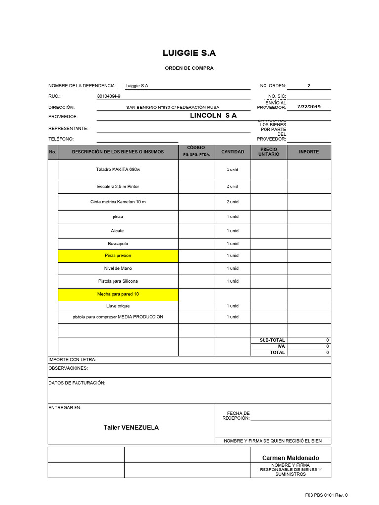 Orden de Compra | PDF | Unión | Materiales de construcción