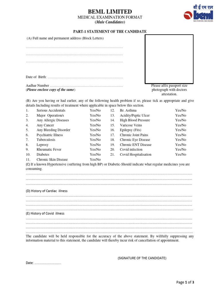 Medical Examination - Form | PDF | Chronic Condition | Medicine