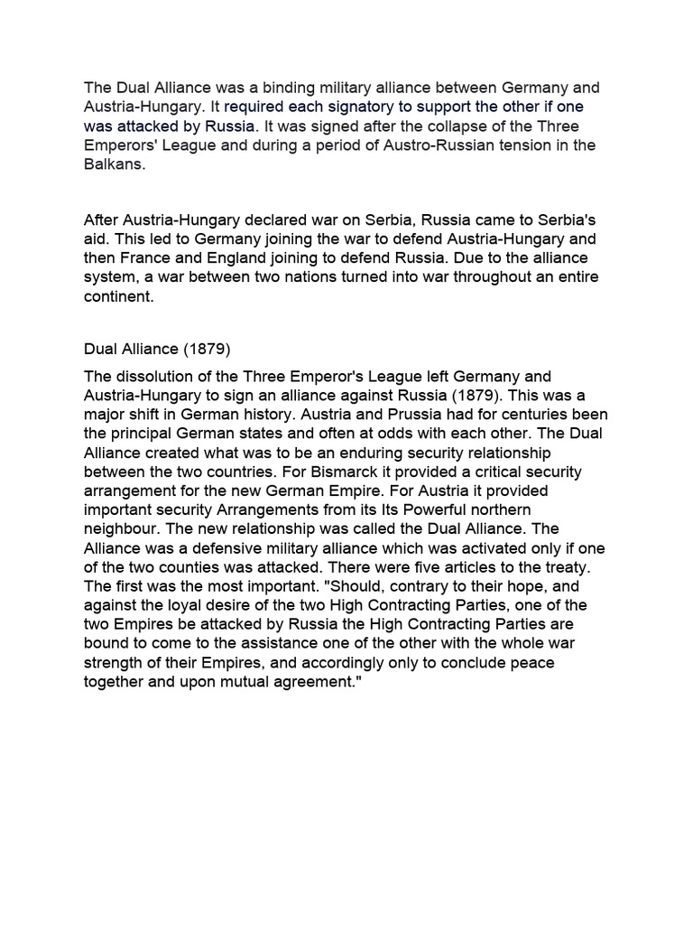 The Dual Alliance Was A Binding Military Alliance Between Germany and
