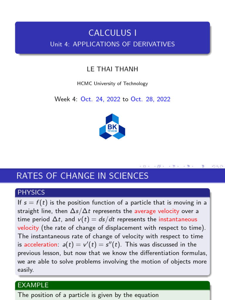 Calculus I Unit 4 Applications of Derivatives PDF Velocity