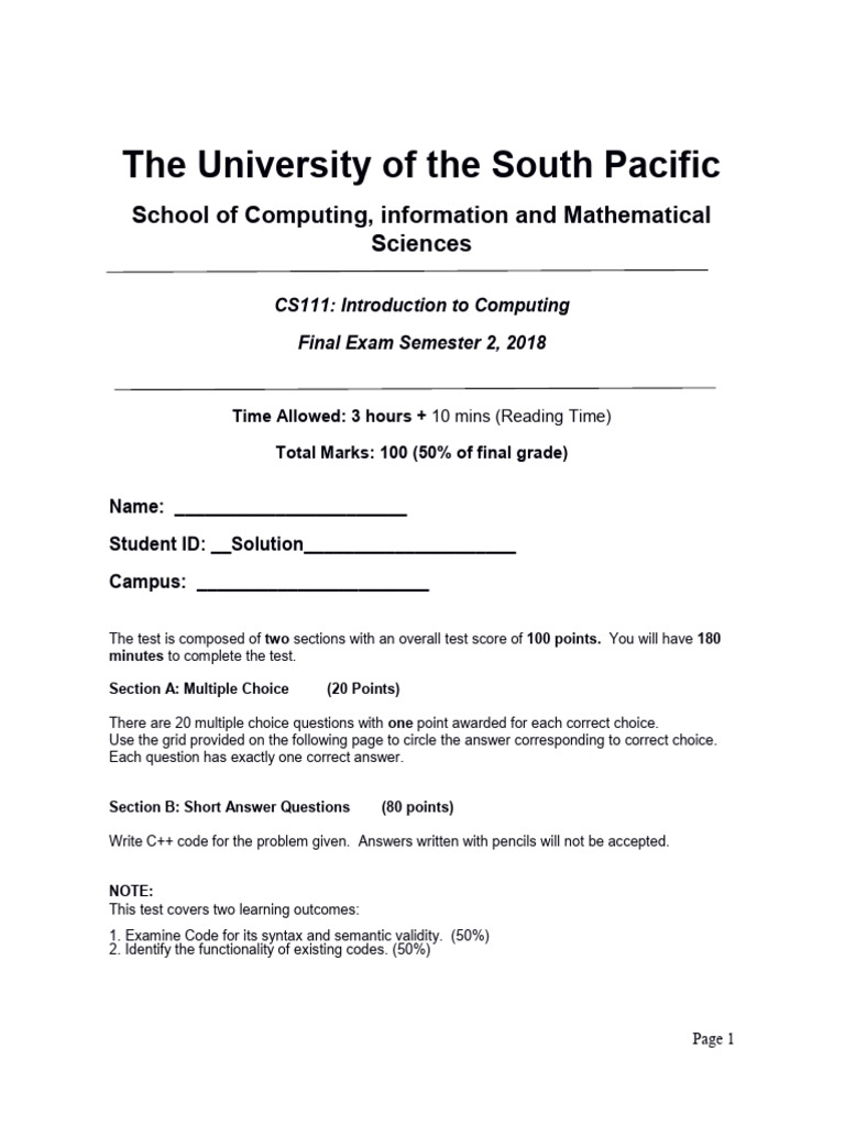 Cs111 Final Exam Solution Sem2 2018 Pdf C Multiple Choice
