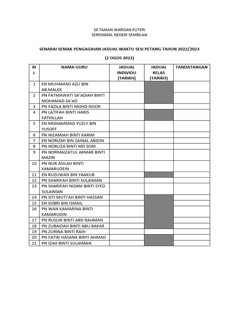 Senarai Semak Jadual | PDF