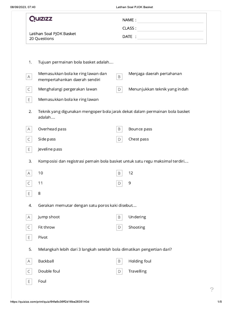 50 Soal Bola Basket PJOK Kelas 9 SMP dengan Kunci Jawaban