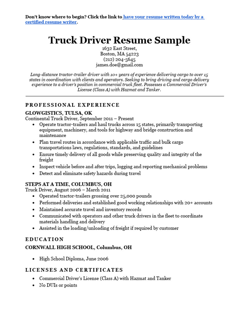 Truck Driver Resume Sample MSWord Download | PDF | Cargo | Truck Driver
