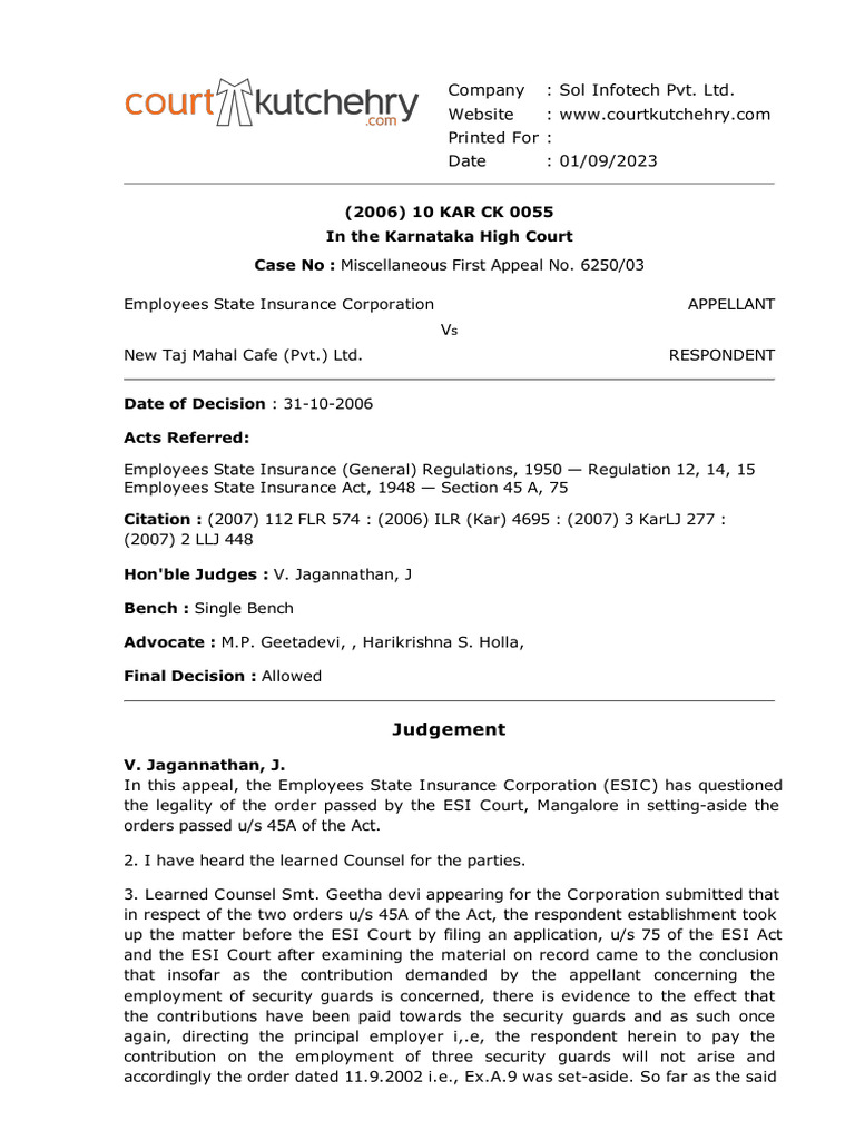 Employees state insurance corporation vs new taj mahal cafe pvt ltd
