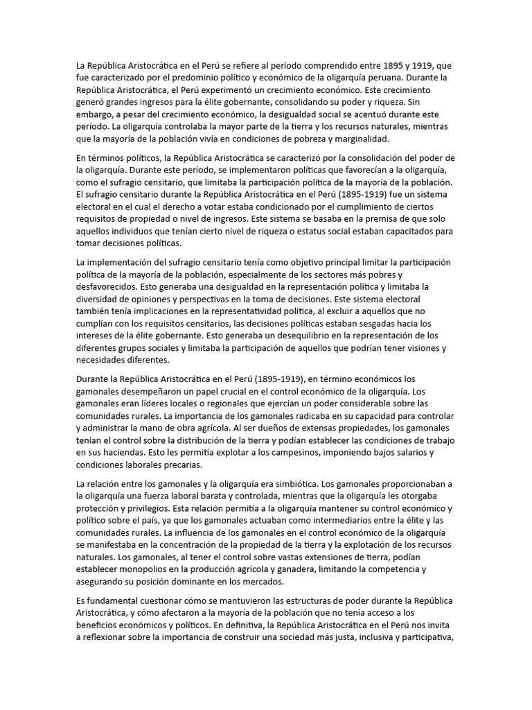 La República Aristocrática en El Perú Se Refiere Al Período Comprendido