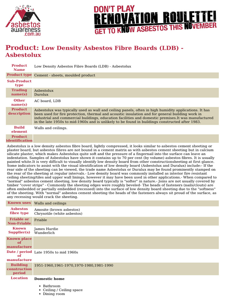 Export Low Density Asbestos Fibre Boards (LDB) Asbestolux PDF Asbestos Plaster