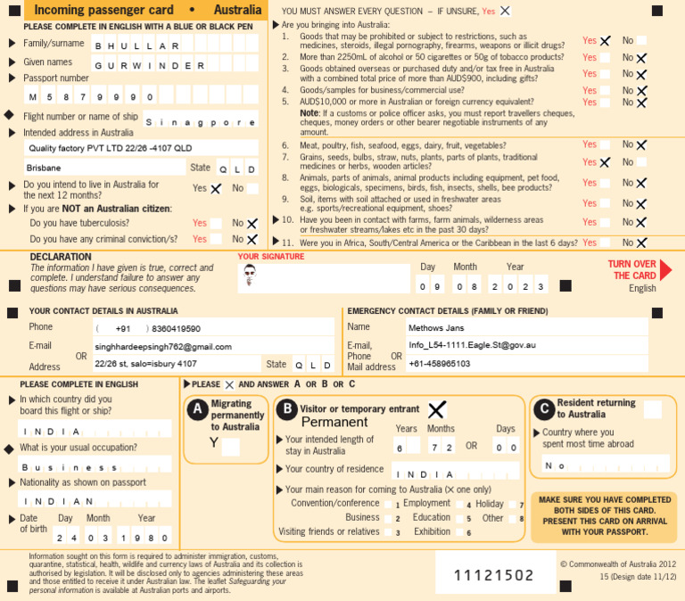 Incoming passenger card australia editable pdf australia