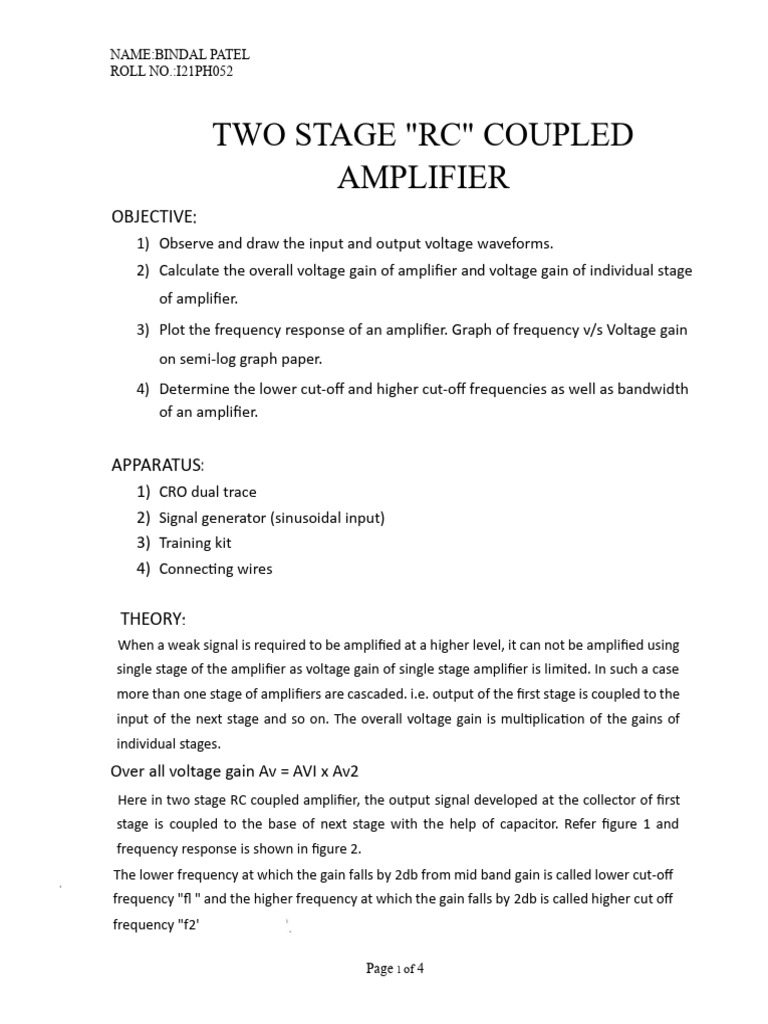 Two Stage RC Coupled Amplifier Experiment | PDF | Amplifier | Amplitude