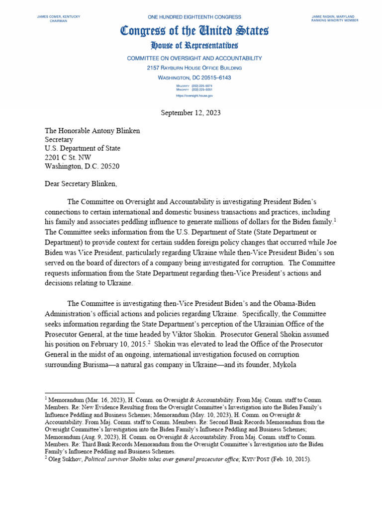 Letter To Secretary Blinken Re Shokin | PDF | Government