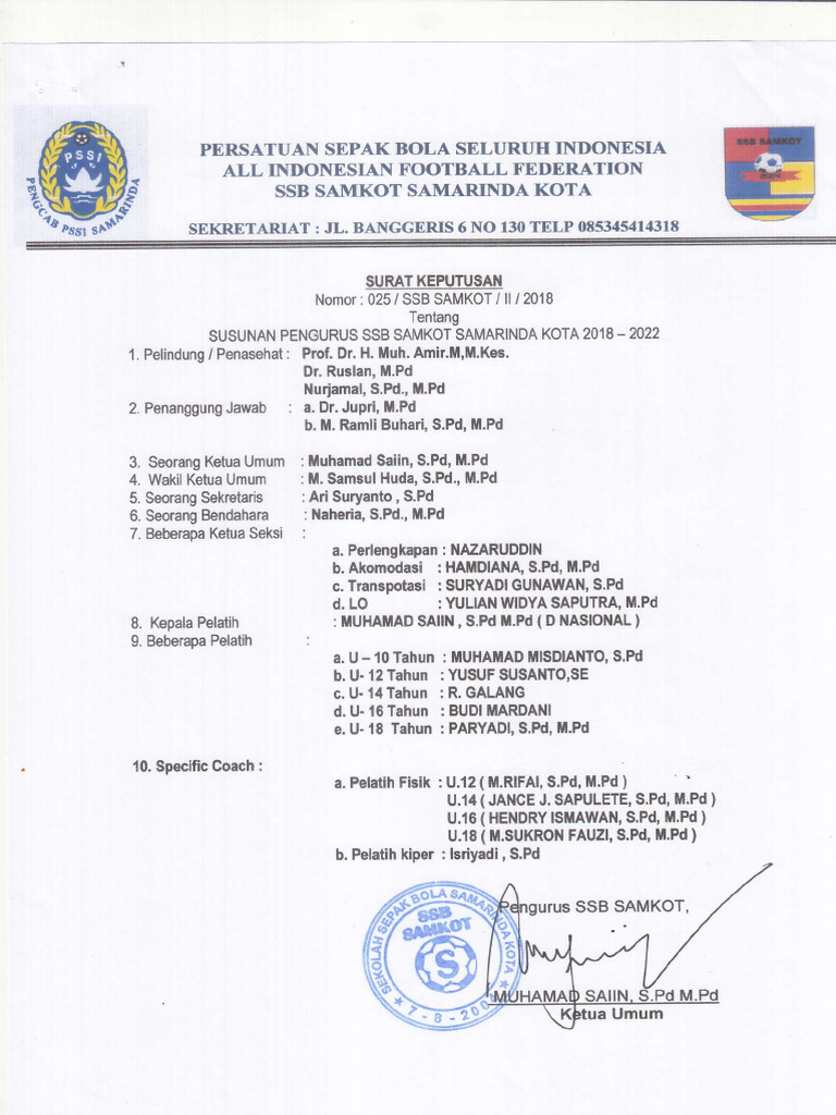 Sk Kepengurusan Ssb Kecamatan Tibawa Pdf