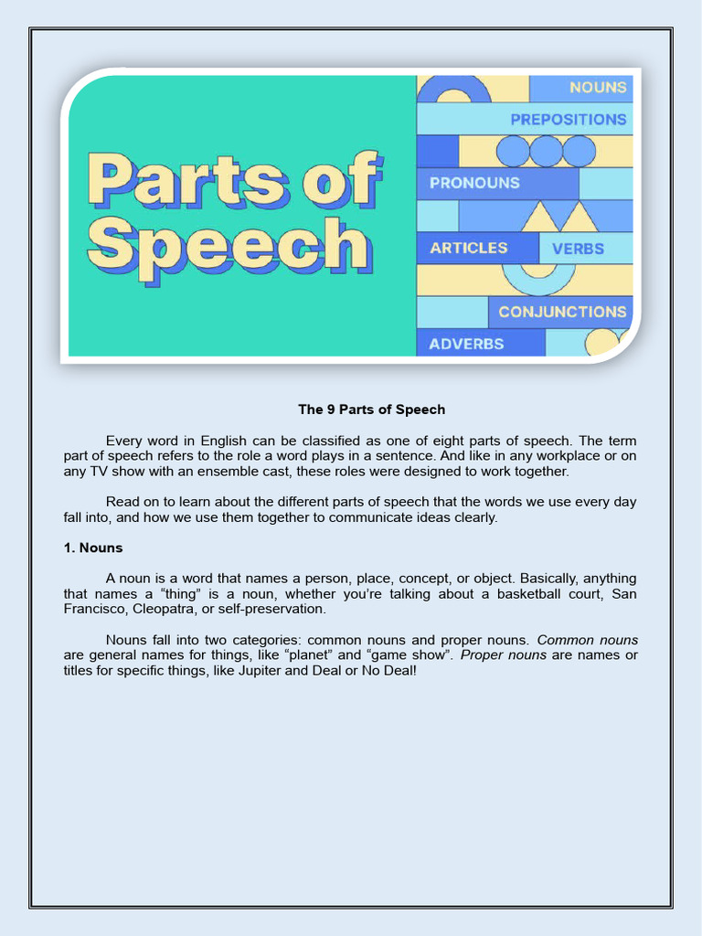 Eight Parts of Speech PDF Part Of Speech Noun