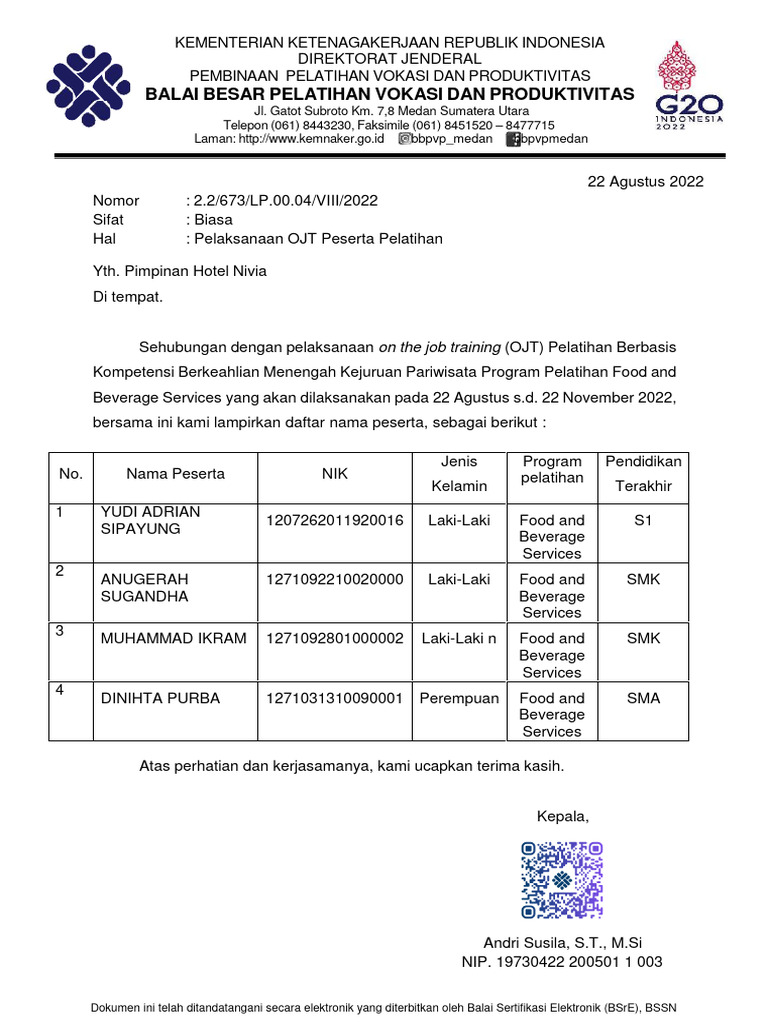 Surat Pengantar OJT FS Hotel Nivia - Sign | PDF
