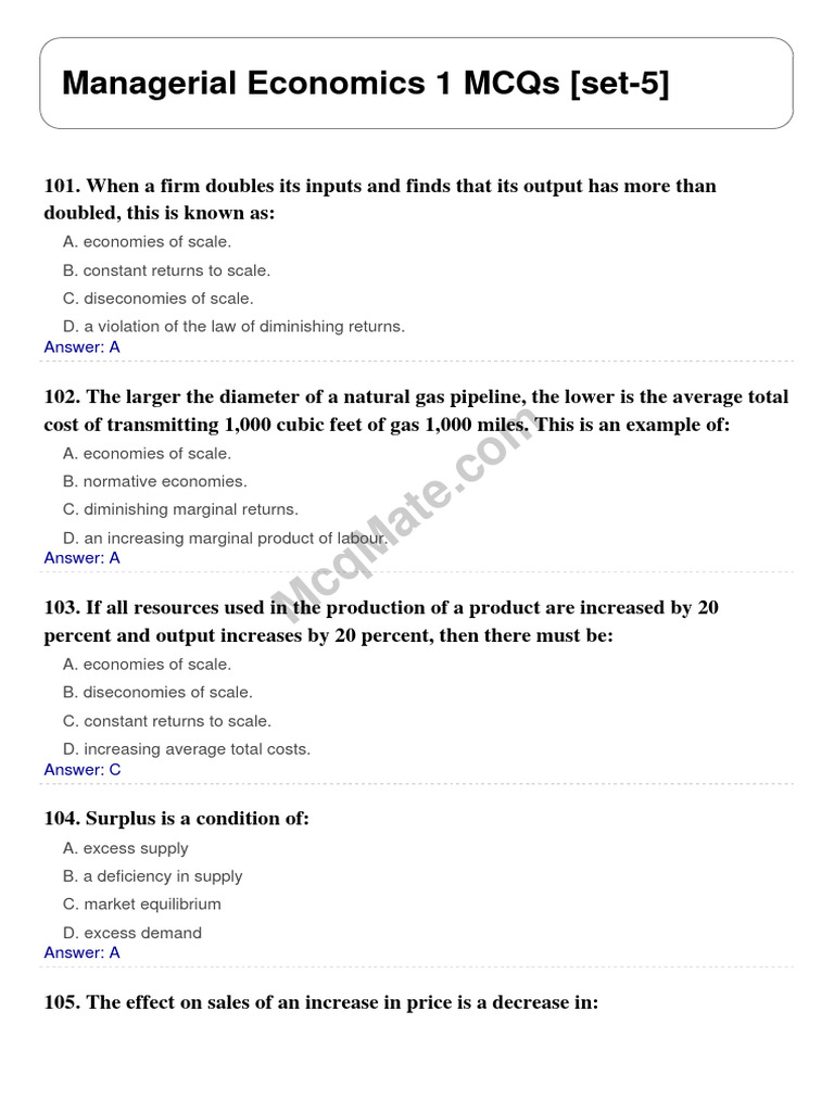 Managerial Economics 1 Set 5 Pdf Economies Of Scale Economics
