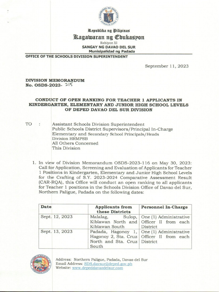 DM Osds 2023 215 Conduct of Open Ranking For Teacher 1 Applicants in ...