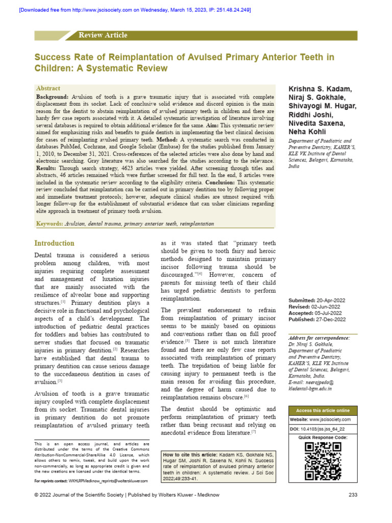 Reimplantation of Avulsed Primary Teeth | PDF | Human Tooth ...