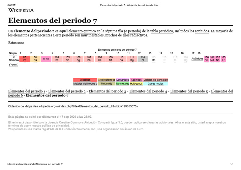 Elementos Del Periodo 7 PDF Tabla periódica Química