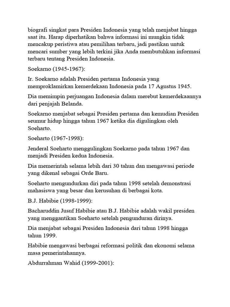 Biografi Singkat Presiden Indonesia | PDF | Politik | Ilmu Sosial