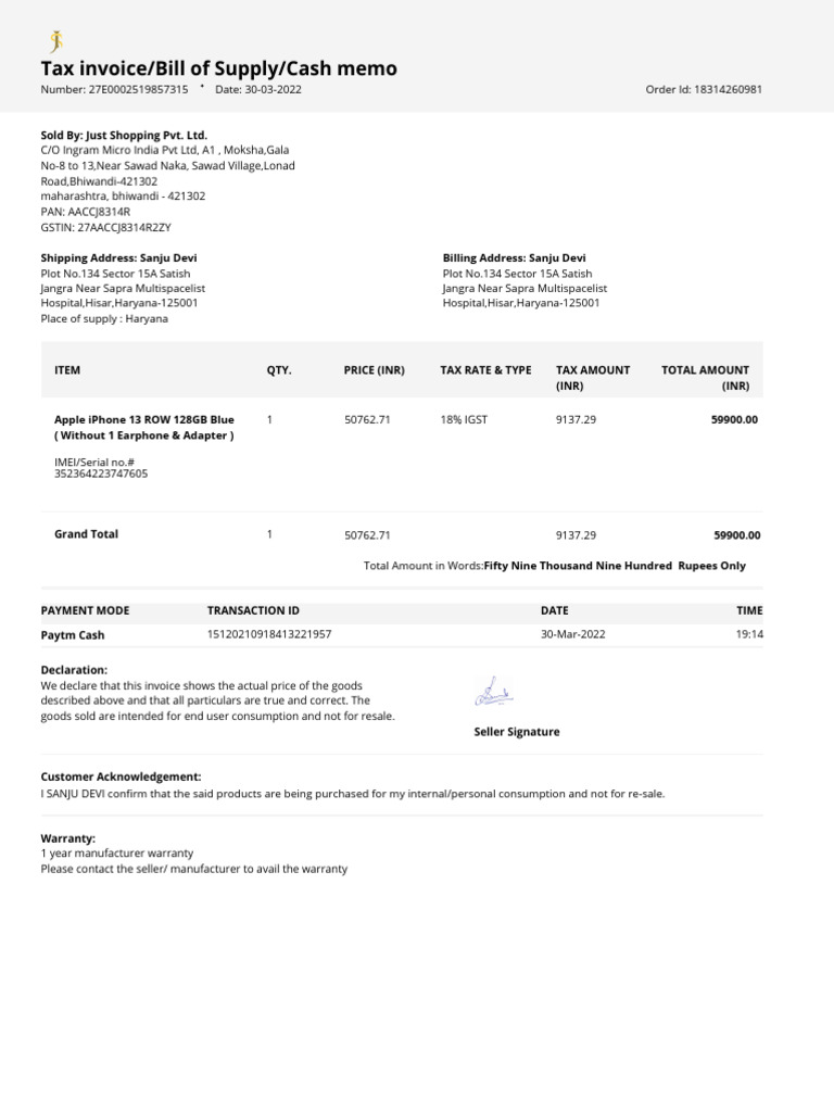 iPhone 13 Purchase Invoice Details | PDF