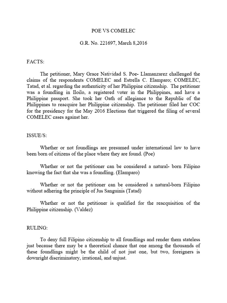 Poe vs comelec my 1st case digest pdf citizenship commission on