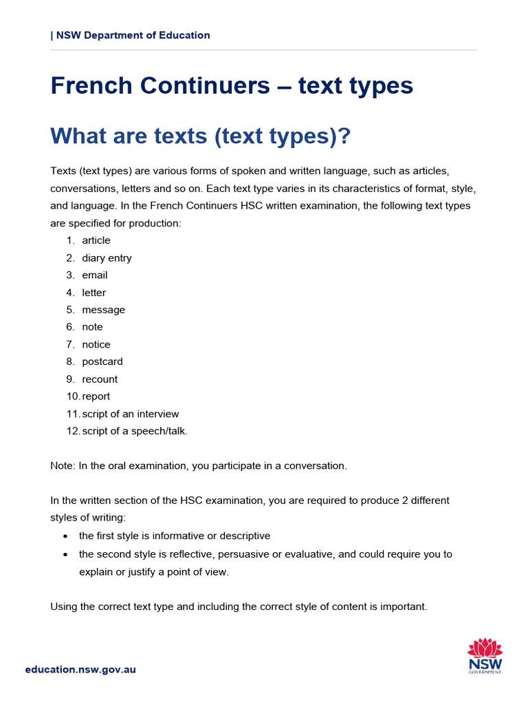 HSC French Continuers Text Types Guide | PDF | Question | Grammatical Tense