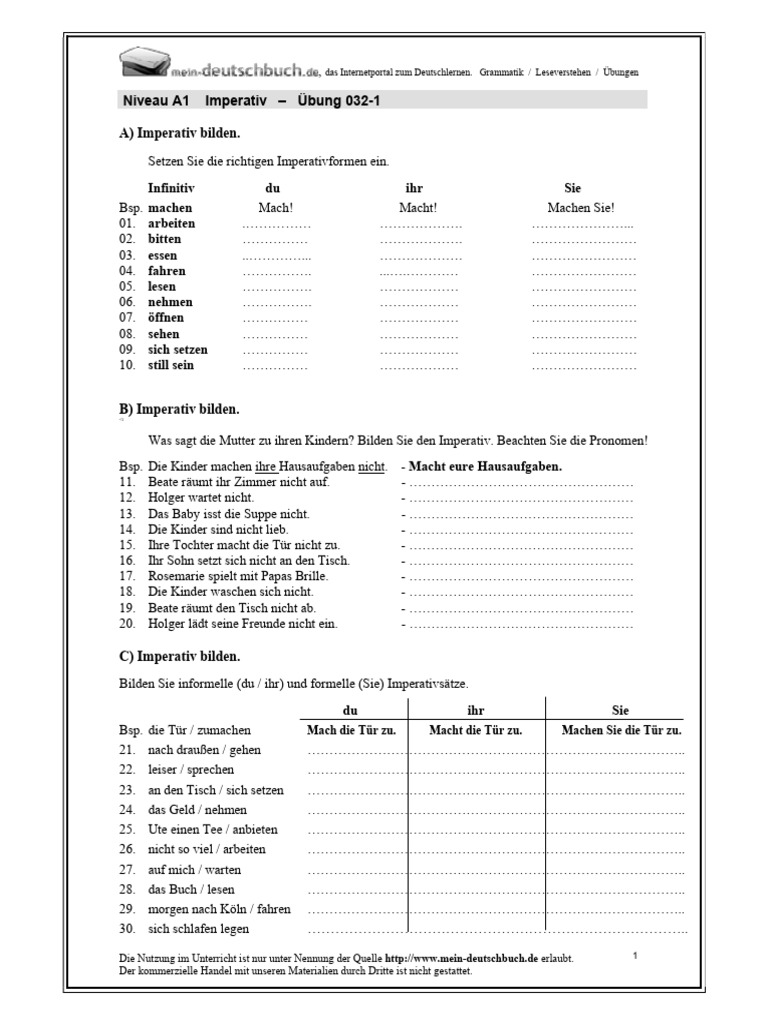 Imperativ A1 bungen PDF